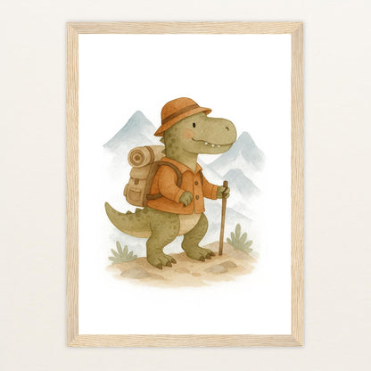 Dinosaurier T-Rex - Motiv: "Wandern" Poster mit Holzrahmen von tinylearner