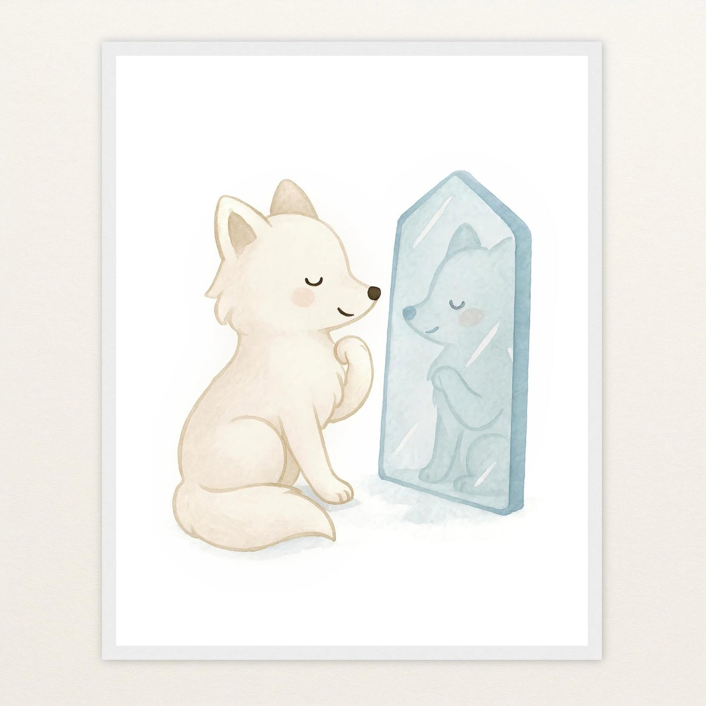 Pino der Polarfuchs - Motiv: "Spiegel" Poster mit Holzrahmen von tinylearner