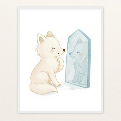 Pino der Polarfuchs - Motiv: "Spiegel" Poster mit Holzrahmen von tinylearner