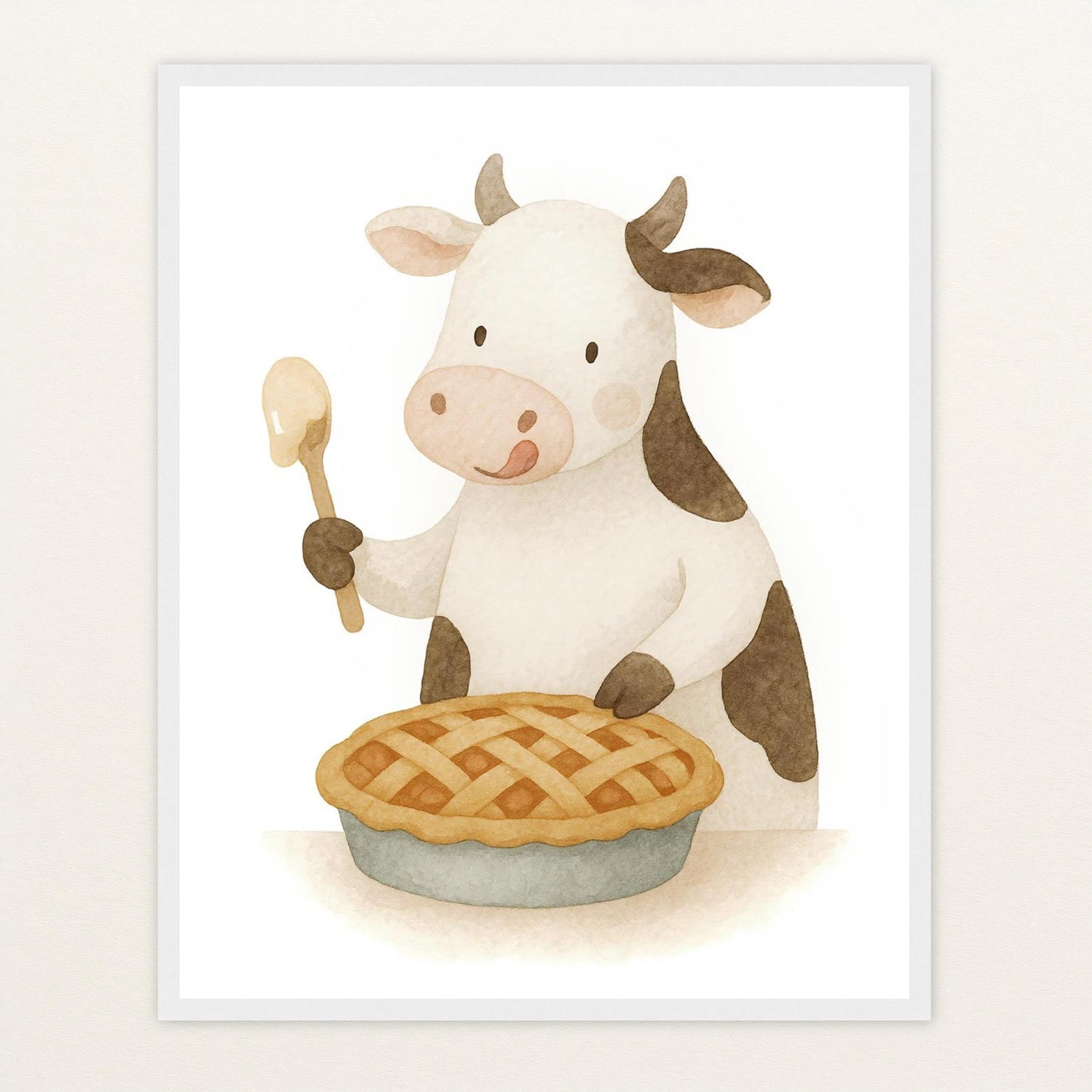 Klara die Kuh - Motiv: "Kuchen" Poster mit Holzrahmen von tinylearner