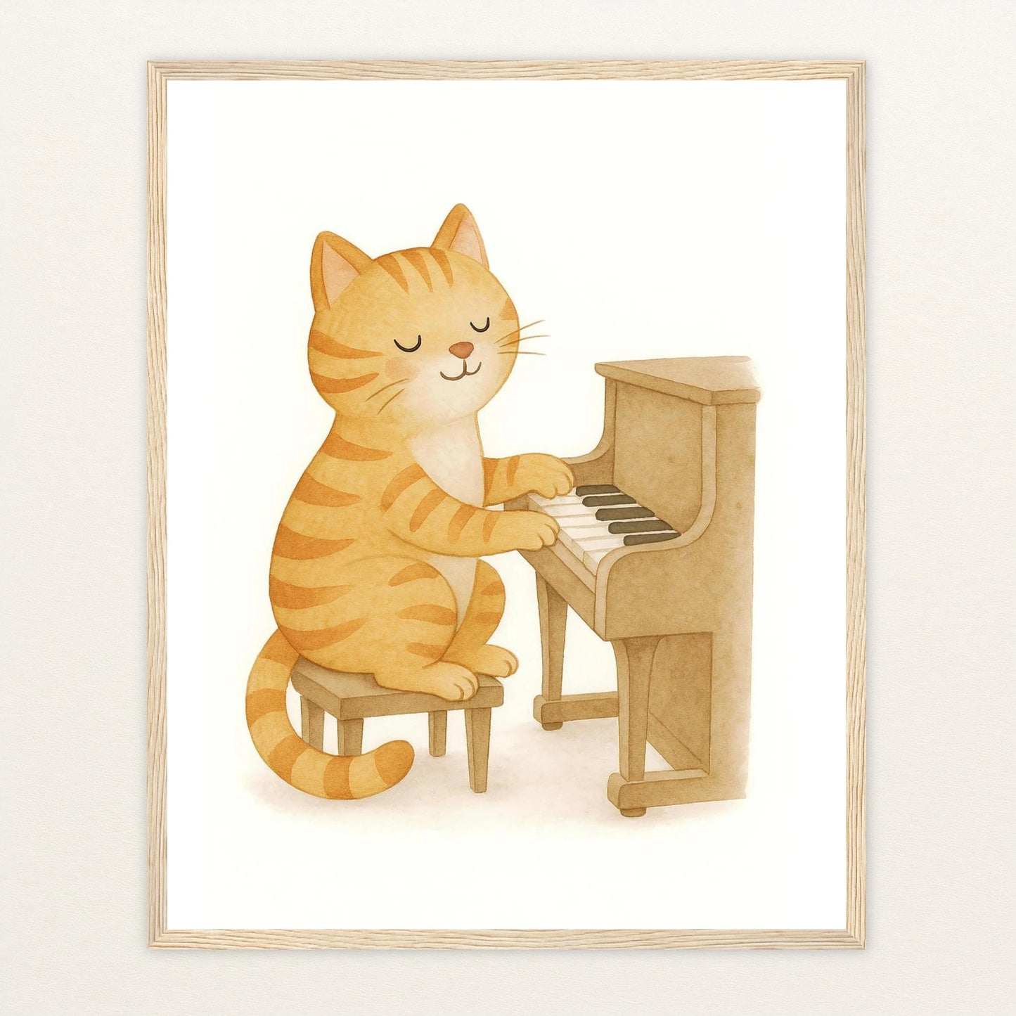 Kira die Katze - Motiv: "Klavier" Poster mit Holzrahmen von tinylearner