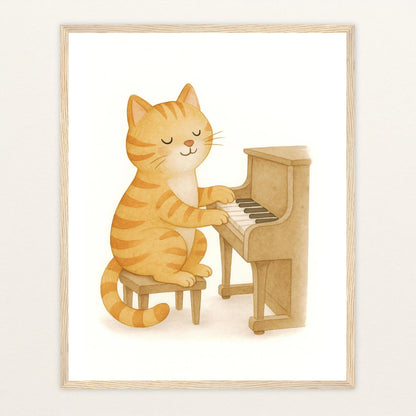 Kira die Katze - Motiv: "Klavier" Poster mit Holzrahmen von tinylearner