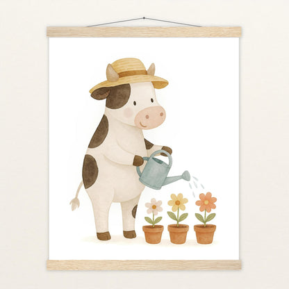 Klara die Kuh - Motiv: "Blumengießen" Poster mit Leisten von tinylearner