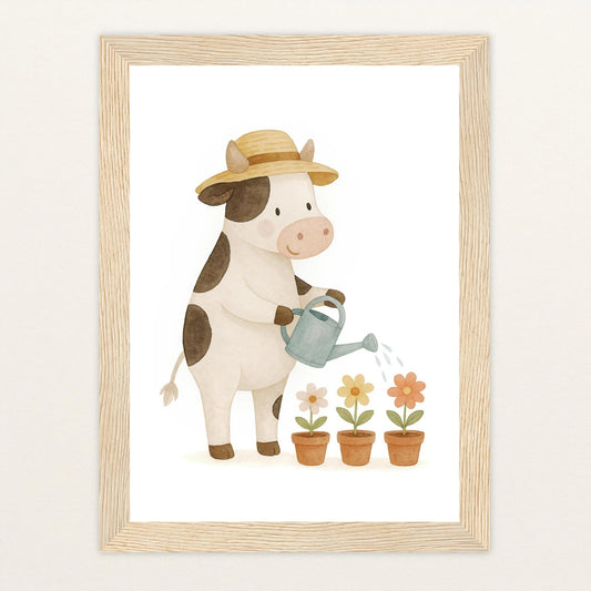 Klara die Kuh - Motiv: "Blumengießen" Poster mit Holzrahmen von tinylearner
