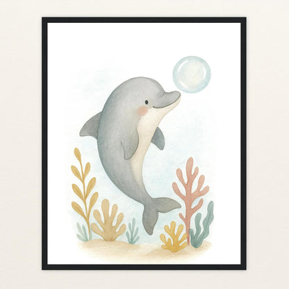 Dora der Delfin - Motiv: "Luftblase" Poster mit Holzrahmen von tinylearner