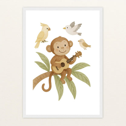 Aki der Affe - Motiv: "Ukulele" Poster mit Holzrahmen von tinylearner