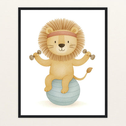 Leo der Löwe - Motiv: "Workout" Poster mit Holzrahmen von tinylearner