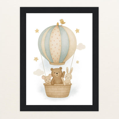 Tierfreunde - Motiv: "Heißluftballon" Poster mit Holzrahmen von tinylearner