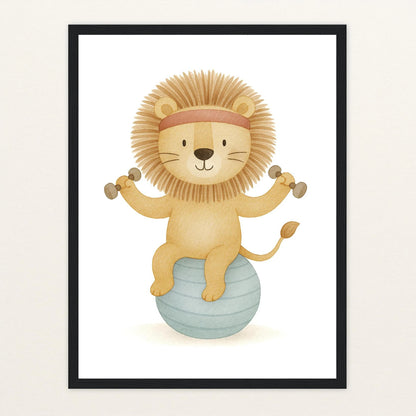 Leo der Löwe - Motiv: "Workout" Poster mit Holzrahmen von tinylearner