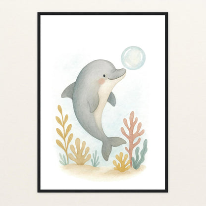 Dora der Delfin - Motiv: "Luftblase" Poster mit Holzrahmen von tinylearner