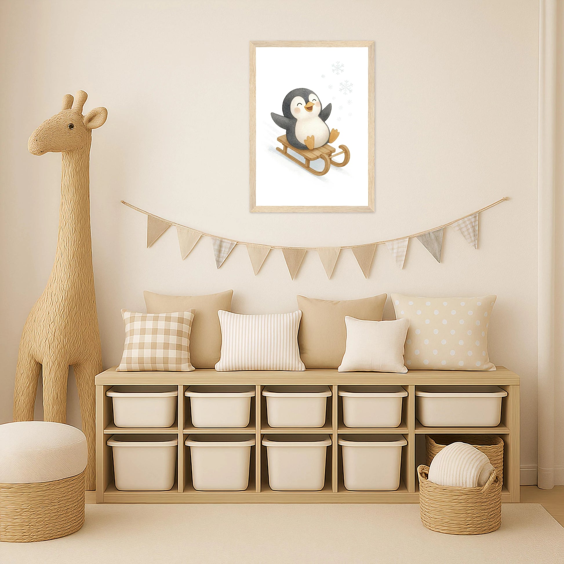 Pia der Pinguin - Motiv: "Schlitten" Poster mit Holzrahmen von tinylearner