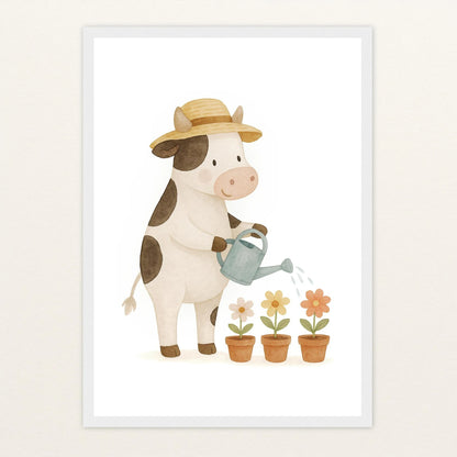 Klara die Kuh - Motiv: "Blumengießen" Poster mit Holzrahmen von tinylearner