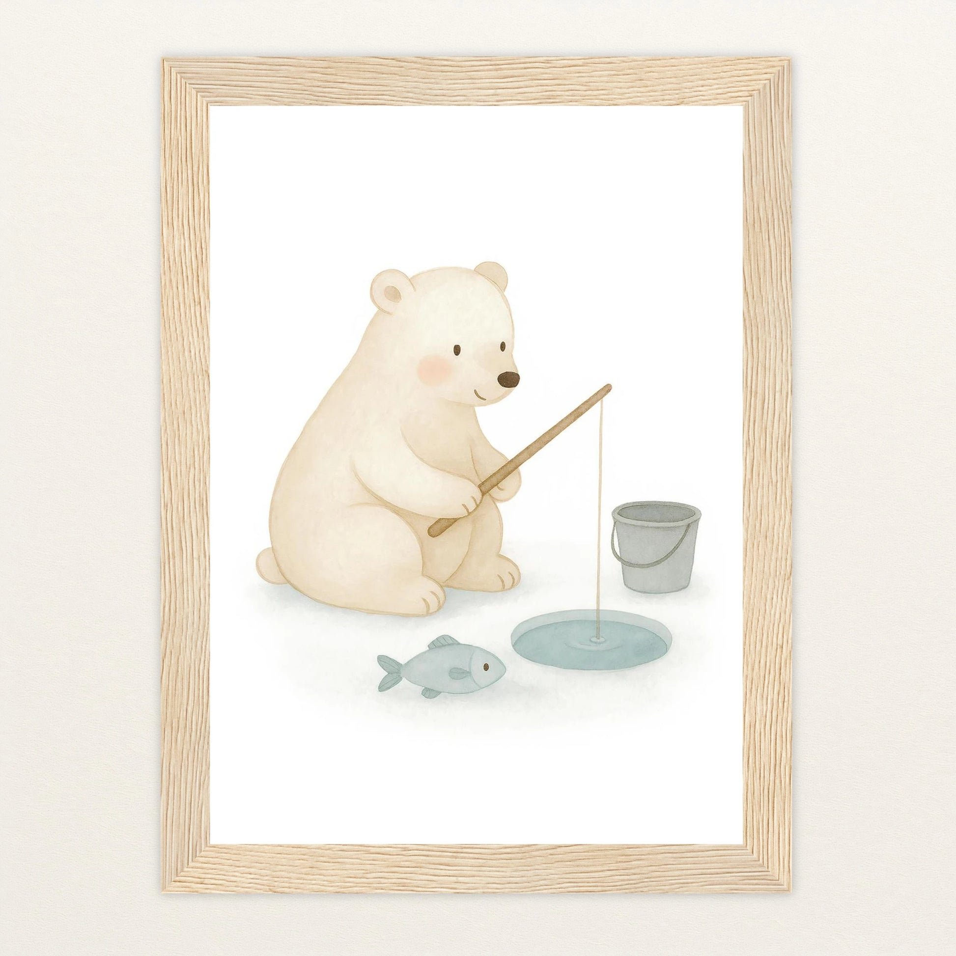 Pummel der Polarbär - Motiv: "Angeln" Poster mit Holzrahmen von tinylearner