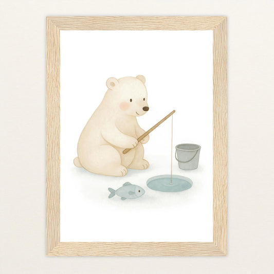 Pummel der Polarbär - Motiv: "Angeln" Poster mit Holzrahmen von tinylearner