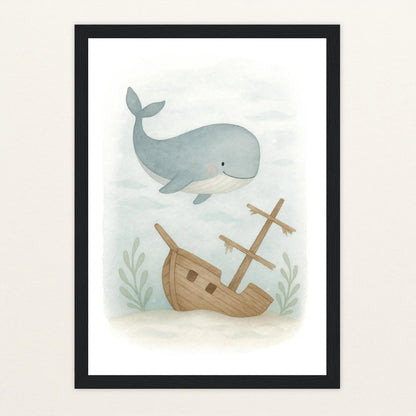 Willi der Wal - Motiv: "Schiffswrack" Poster mit Holzrahmen von tinylearner