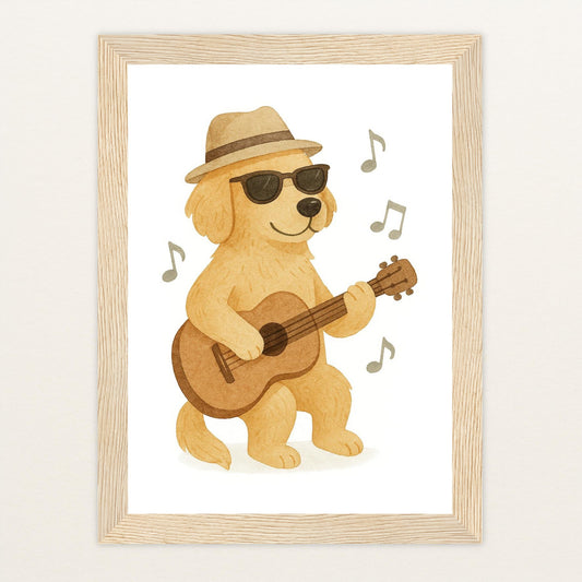 Hugo der Hund - Motiv: "Gitarre" Poster mit Holzrahmen von tinylearner