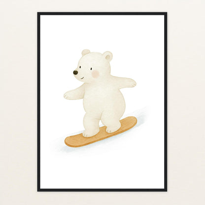 Pummel der Polarbär - Motiv: "Snowboard" Poster mit Holzrahmen von tinylearner