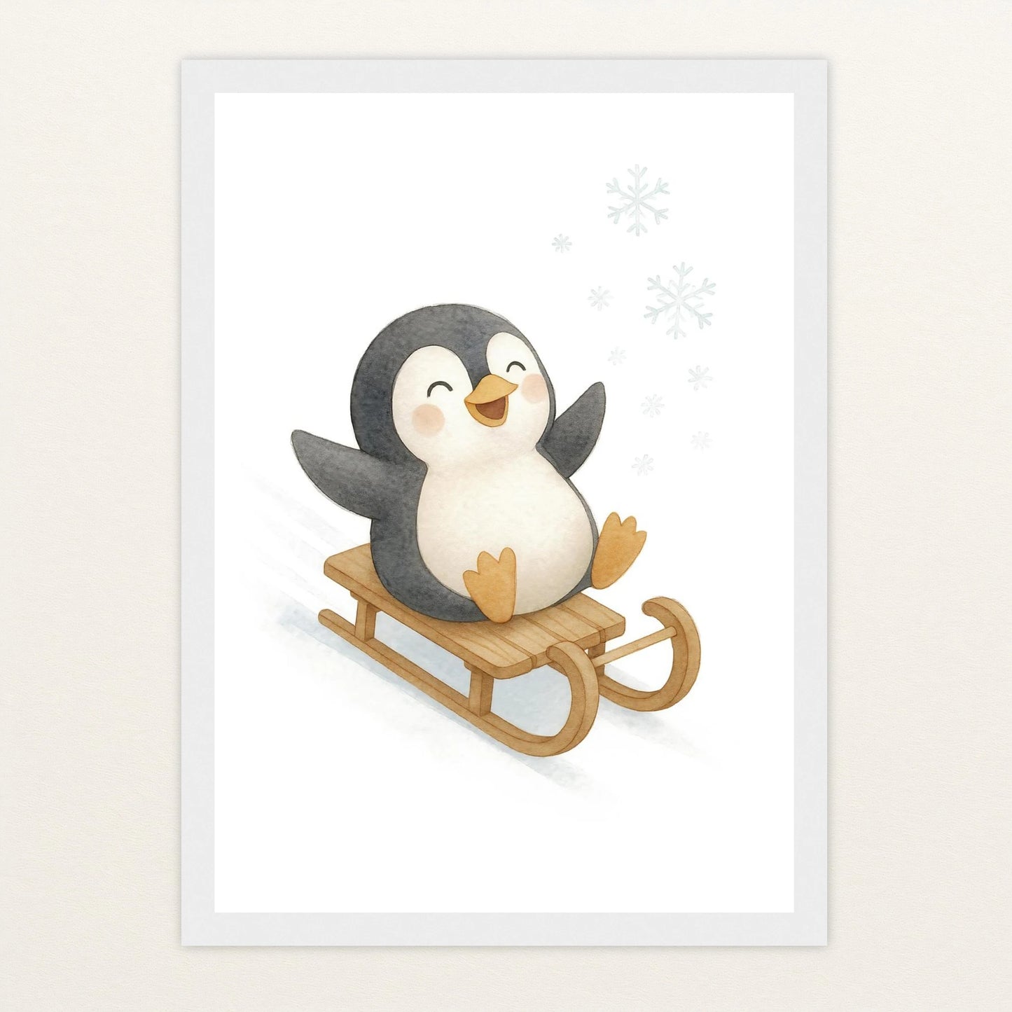 Pia der Pinguin - Motiv: "Schlitten" Poster mit Holzrahmen von tinylearner