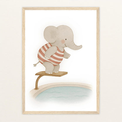 Emil der Elefant - Motiv: "Pool" Poster mit Holzrahmen von tinylearner