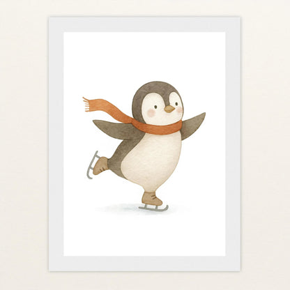 Pia der Pinguin - Motiv: "Eislaufen" Poster mit Holzrahmen von tinylearner
