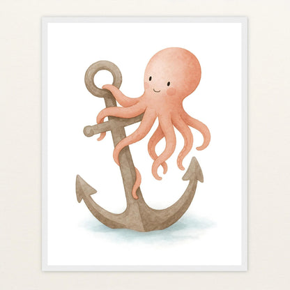 Tilli der Tintenfisch - Motiv: "Anker" Poster mit Holzrahmen von tinylearner
