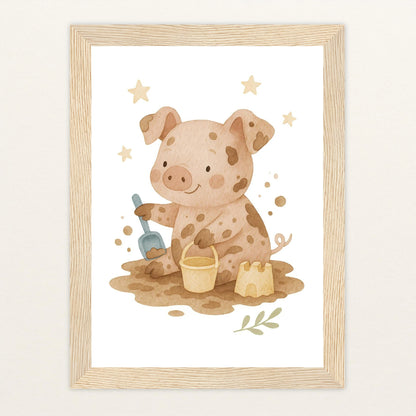 Susi das Schwein - Motiv: "Sandkasten" Poster mit Holzrahmen von tinylearner
