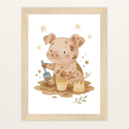Susi das Schwein - Motiv: "Sandkasten" Poster mit Holzrahmen von tinylearner