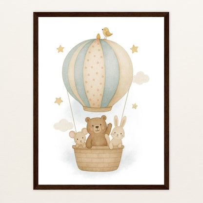 Tierfreunde - Motiv: "Heißluftballon" Poster mit Holzrahmen von tinylearner