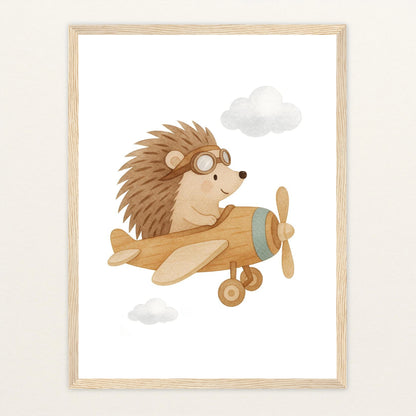 Iggi der Igel - Motiv: "Flugzeug" Poster mit Holzrahmen von tinylearner