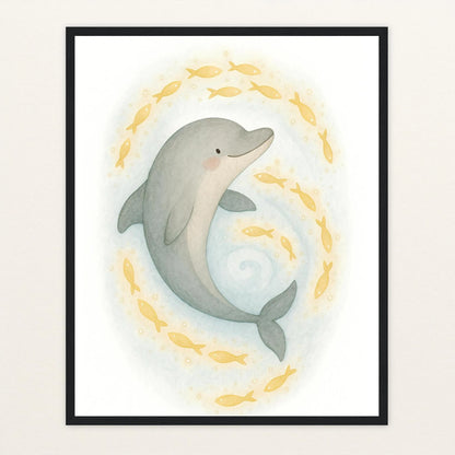 Dora der Delfin - Motiv: "Leuchtfische" Poster mit Holzrahmen von tinylearner