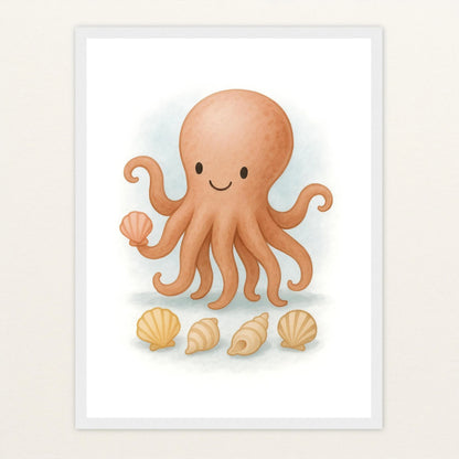 Tilli der Tintenfisch - Motiv: "Muscheln" Poster mit Holzrahmen von tinylearner