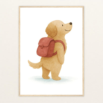Hugo der Hund - Motiv: "Rucksack" Poster mit Holzrahmen von tinylearner