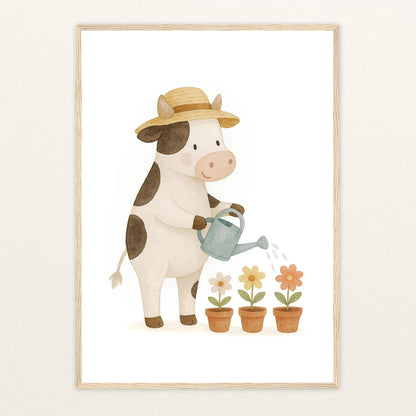 Klara die Kuh - Motiv: "Blumengießen" Poster mit Holzrahmen von tinylearner