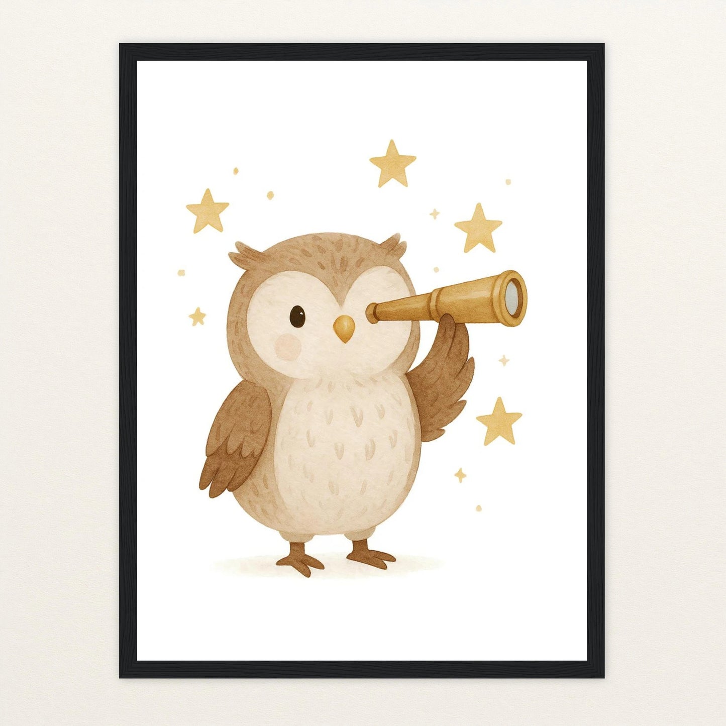 Emmi die Eule - Motiv: "Fernglas" Poster mit Holzrahmen von tinylearner