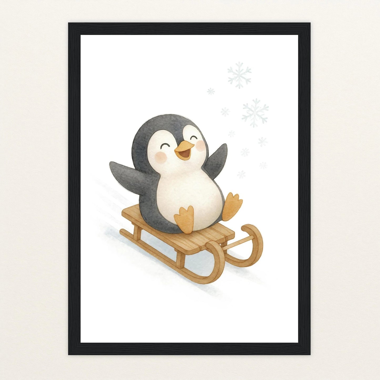 Pia der Pinguin - Motiv: "Schlitten" Poster mit Holzrahmen von tinylearner