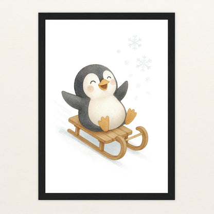 Pia der Pinguin - Motiv: "Schlitten" Poster mit Holzrahmen von tinylearner