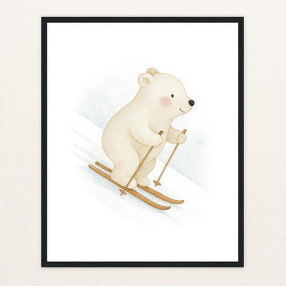 Pummel der Polarbär - Motiv: "Ski" Poster mit Holzrahmen von tinylearner