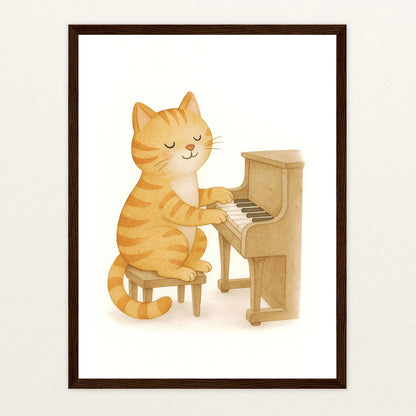 Kira die Katze - Motiv: "Klavier" Poster mit Holzrahmen von tinylearner