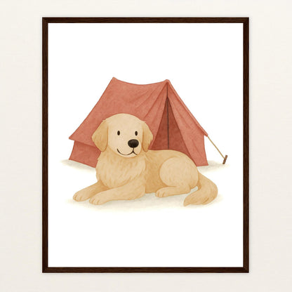 Hugo der Hund - Motiv: "Zelt" Poster mit Holzrahmen von tinylearner