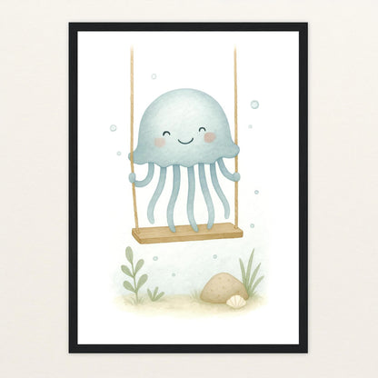 Quinn die Qualle - Motiv: "Schaukel" Poster mit Holzrahmen von tinylearner