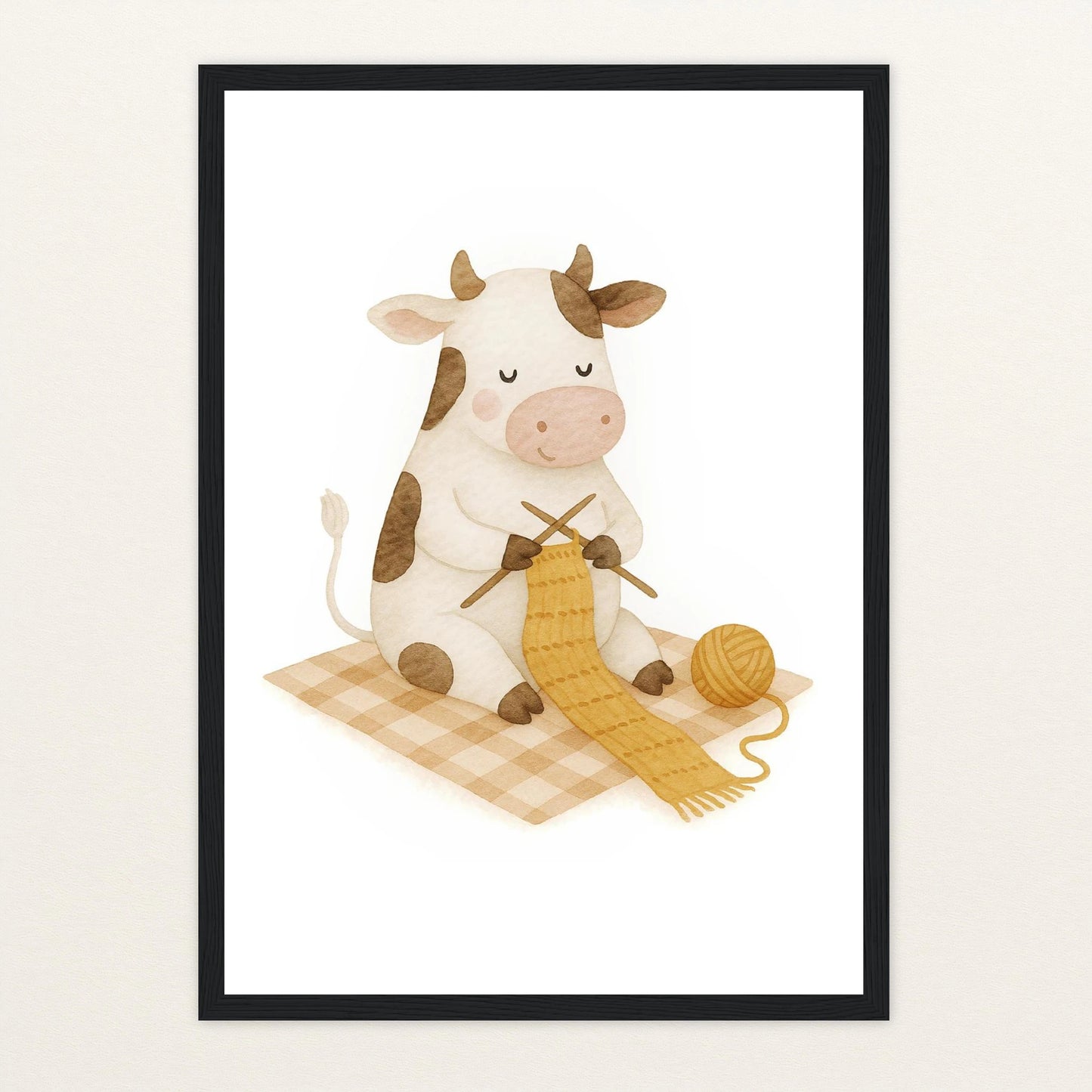 Klara die Kuh - Motiv: "Häkeln" Poster mit Holzrahmen von tinylearner