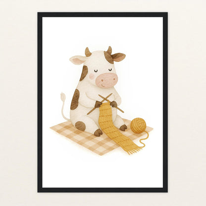 Klara die Kuh - Motiv: "Häkeln" Poster mit Holzrahmen von tinylearner