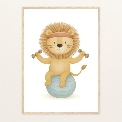 Leo der Löwe - Motiv: "Workout" Poster mit Holzrahmen von tinylearner