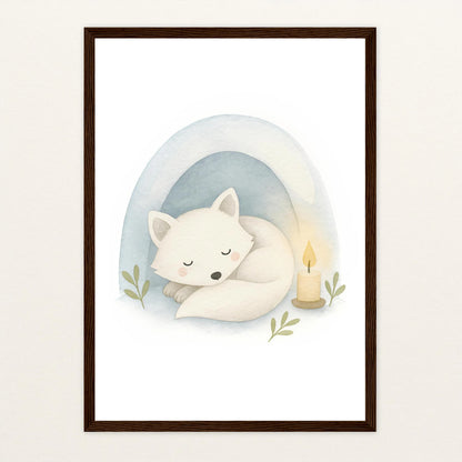 Pino der Polarfuchs - Motiv: "Schneehöhle" Poster mit Holzrahmen von tinylearner
