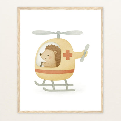 Iggi der Igel - Motiv: "Rettungshubschrauber" Poster mit Holzrahmen von tinylearner