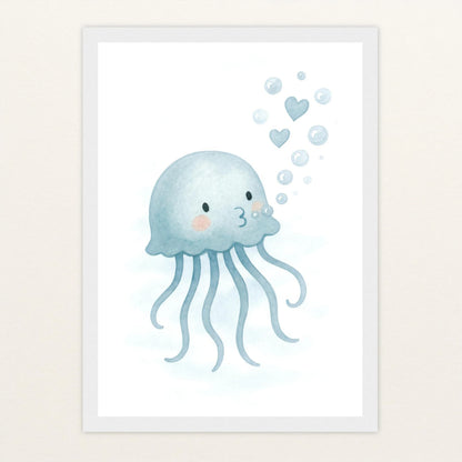 Quinn die Qualle - Motiv: "Luftblasen" Poster mit Holzrahmen von tinylearner
