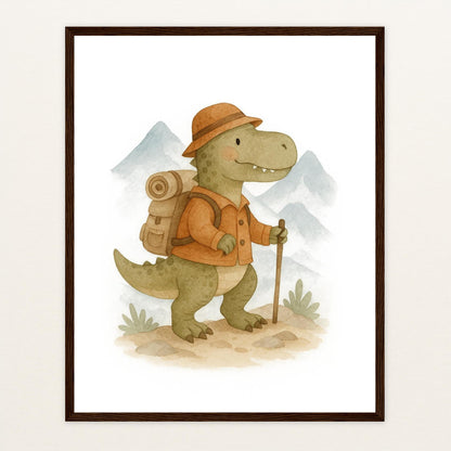 Dinosaurier T-Rex - Motiv: "Wandern" Poster mit Holzrahmen von tinylearner