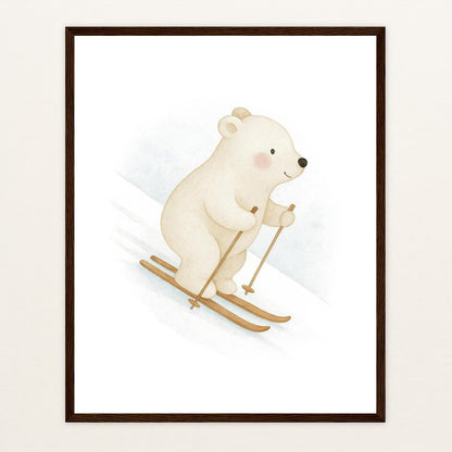 Pummel der Polarbär - Motiv: "Ski" Poster mit Holzrahmen von tinylearner