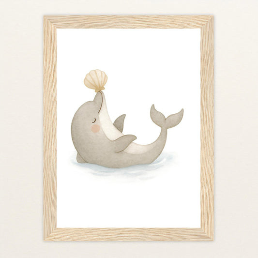 Dora der Delfin - Motiv: "Muschel" Poster mit Holzrahmen von tinylearner