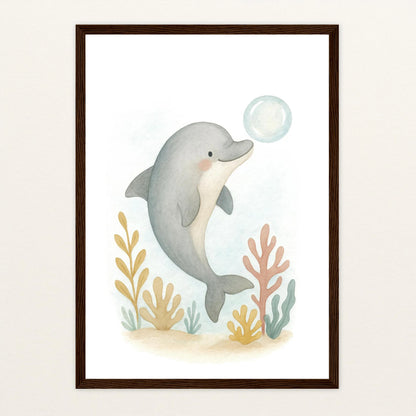 Dora der Delfin - Motiv: "Luftblase" Poster mit Holzrahmen von tinylearner